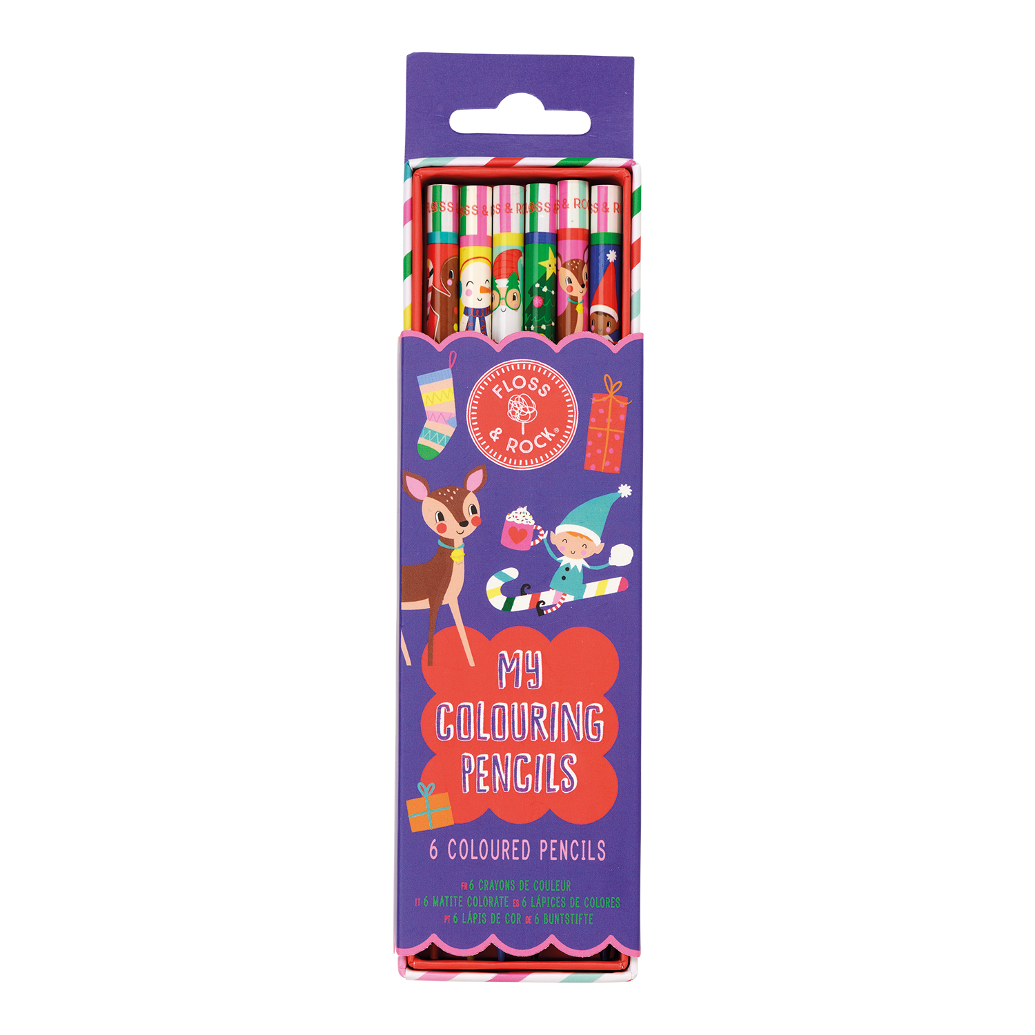 Set of 6 Coloured Pencils in a reusable box - Christmas design